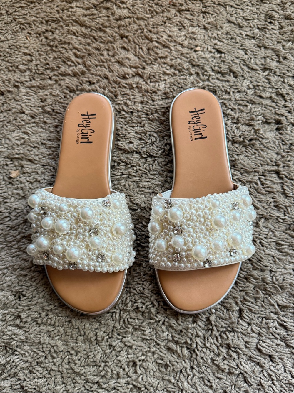 Corkys Pearl-Embellished Cream Slide Sandals